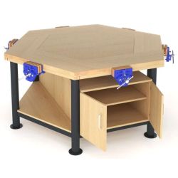 Craftwork Bench - Hexagonal (1600mm) - Beech Top - 6 x 7inch Woodwork Vices - Full Size Cupboard