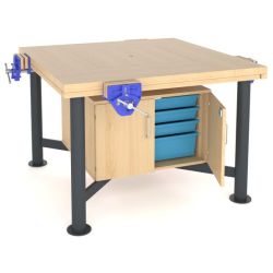 Craftwork Bench (1200 x 1200mm) - Beech Top - 4 x 7inch Woodwork Vices - Leg Room Cupboard