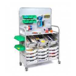 MakerSpace Trolley in Silver with 3 Deep Yellow Trays and 12 Shallow Blue Trays - Flat packed